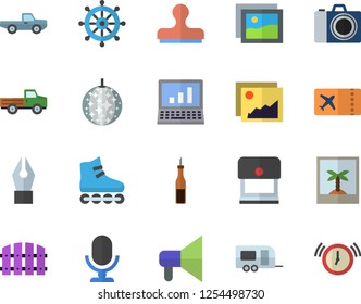 Color flat icon set sauce flat vector, pickup truck, fence, ink pen, computer, roller Skates, trailer fector, ticket, disco ball, camera, photo, gallery, stamp, steering wheel, mouthpiece
