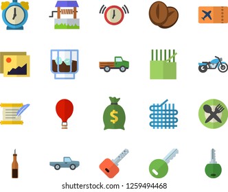 Color flat icon set sauce flat vector, coffee beans, whiskey, well, pickup truck, fabric manufacture, wealth, hostory roll, motorcycle fector, balloon, ticket, table setting, key, gallery