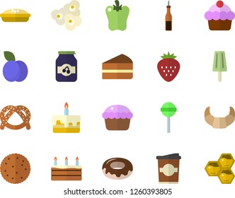 Color flat icon set sauce flat vector, biscuit, bagel, croissant, cake, cupcake, piece of, donut, pie, lollipop, bell pepper, popcorn, ice cream, coffe, jam, Strawberry, plum, honeycomb