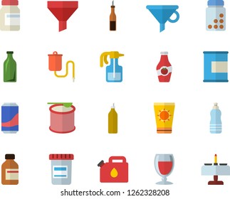 Color flat icon set sauce flat vector, lemonade, wine, mustard, ketchup, pulverizer, canister, glass bottles, funnel, vial, medical warmer, vitamins, proteins, steroids, water, romantic dinner