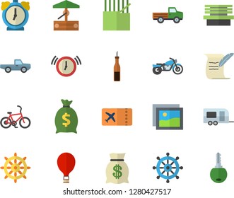 Color flat icon set sauce flat vector, well, pickup truck, bench, fabric manufacture, wealth, hostory roll, trailer fector, motorcycle, bicycle, balloon, ticket, steering wheel, gallery, alarm clock