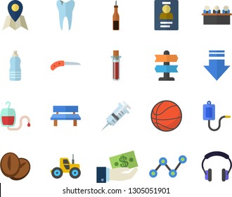 Color flat icon set sauce flat vector, coffee beans, tractor, knife, bench, investments, scatter chart, medical warmer, blood transfusion, test, syringe, caries, badge, meeting, basketball, water