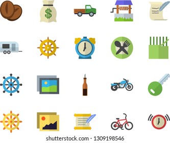 Color flat icon set sauce flat vector, coffee beans, well, pickup truck, fabric manufacture, wealth, hostory roll, trailer fector, motorcycle, bicycle, table setting, key, steering wheel, gallery