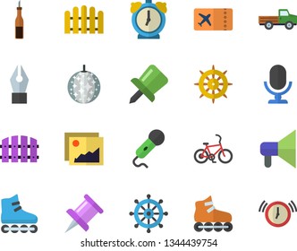 Color flat icon set sauce flat vector, pickup truck, fence, drawing pin, ink pen, roller Skates, bicycle fector, ticket, disco ball, gallery, steering wheel, mouthpiece, microphone, alarm clock