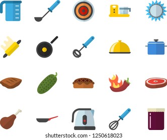 Color flat icon set saucepan flat vector, frying pan, teflon, meashuring cup, electric kettle, ladle, whisk, rolling pin, induction cooker, gas, food processor, dish, ham, pie, chop, hot peppers