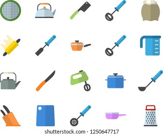 Color flat icon set saucepan flat vector, saute, meashuring cup, teapot, ladle, kitchen spatula, spoon, whisk, knives, rolling pin, cutting board, mixer, flour, sieve, grater