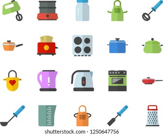 Color flat icon set saucepan flat vector, frying pan, saute, meashuring cup, electric kettle, apron, ladle, kitchen spatula, whisk, stove, toaster, mixer, double boiler, glass jar, grater