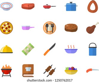 Color flat icon set saucepan flat vector, frying pan, hiking pot, saute, knives, cookbook, barbecue, dish, table setting, spaghetti, chop, ham, sausage, pizza, salad, soup, shashlik, cutlet, knife