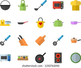 Color flat icon set saucepan flat vector, frying pan, cauldron, saute, teflon, cook hat, apron, ladle, kitchen spoon, whisk, knives, cutting board, induction cooker, microwave, spice, food processor