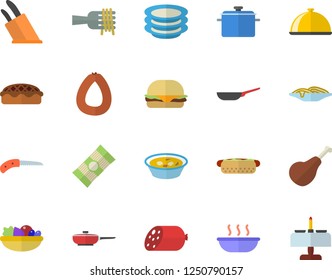 Color flat icon set saucepan flat vector, frying pan, knives, dish, plates, spaghetti, ham, sausage, on a fork, hamburger, hot dog, salad, soup, pie, knife, romantic dinner fector