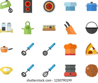 Color flat icon set saucepan flat vector, cauldron, saute, cook hat, apron, kitchen spoon, whisk, knives, induction cooker, mixer, double boiler, spice, pizza, dish, cutlet
