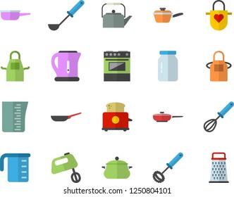 Color flat icon set saucepan flat vector, frying pan, saute, meashuring cup, teapot, electric kettle, apron, ladle, whisk, stove, toaster, mixer, glass jar, grater