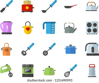 Color flat icon set saucepan flat vector, frying pan, meashuring cup, teapot, electric kettle, apron, ladle, kitchen spatula, spoon, whisk, stove, toaster, mixer, grater