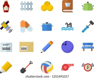 Color flat icon set saucepan flat vector, meat hammer, cookbook, ketchup, shovel, bench, radiator, barcode, pencil, satellit, whistle, bowling ball, volleyball, pills, pool, alarm clock