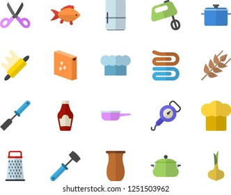 Color flat icon set saucepan flat vector, saute, spring balance, cook hat, kitchen spatula, towel, scissors, rolling pin, meat hammer, mixer, fridge, groats, grater, jugful, fish, ketchup, ear