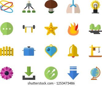 Color flat icon set saucepan flat vector, fire, mushroom, flower, fence, forest, crane, sperm, lungs, hierarchy, barbell, hoop, starfish fector, heart pendant, bell, download, chat, lamp, globe