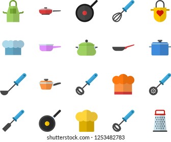 Color flat icon set saucepan flat vector, frying pan, saute, teflon, cook hat, apron, ladle, kitchen spatula, spoon, whisk, grater