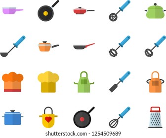 Color flat icon set saucepan flat vector, frying pan, saute, teflon, cook hat, apron, ladle, kitchen spatula, spoon, whisk, grater