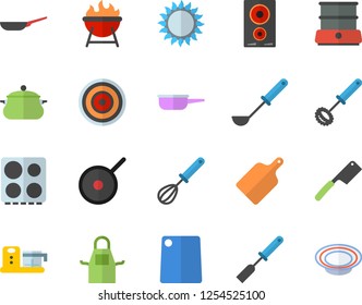 Color flat icon set saucepan flat vector, frying pan, saute, teflon, apron, ladle, kitchen spatula, whisk, knives, cutting board, electric stove, induction cooker, gas, double boiler, food processor