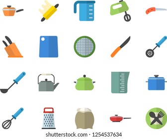 Color flat icon set saucepan flat vector, frying pan, saute, meashuring cup, teapot, ladle, kitchen spoon, whisk, knives, rolling pin, cutting board, mixer, flour, sieve, grater, knife