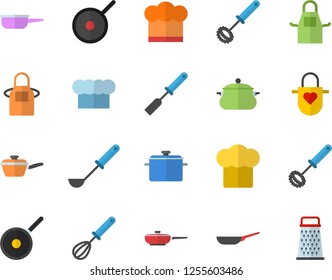 Color flat icon set saucepan flat vector, frying pan, saute, teflon, cook hat, apron, ladle, kitchen spatula, whisk, grater