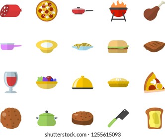 Color flat icon set saucepan flat vector, frying pan, saute, knives, barbecue, dish, ham, sausage, spaghetti, hamburger, pizza, salad, pie, chop, cutlet, wine, sandwich