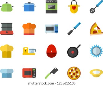 Color flat icon set saucepan flat vector, teflon, cook hat, apron, kitchen spatula, spoon, egg timer, knives, electric stove, gas, microwave, double boiler, food processor, pizza, dish