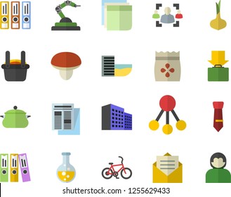 Color flat icon set saucepan flat vector, mushroom, onion, seeds, chemistry, robotics, metallurgy, hierarchy, news, office building, recruitment, sticker, folder, tie, folders for papers, message