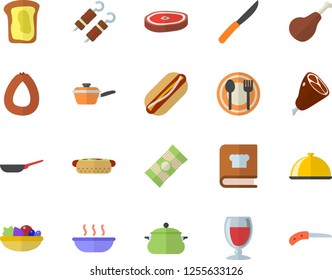 Color flat icon set saucepan flat vector, frying pan, saute, knives, cookbook, dish, table setting, spaghetti, ham, sausage, hot dog, salad, soup, chop, shashlik, wine, sandwich, knife