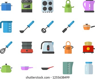 Color flat icon set saucepan flat vector, frying pan, saute, meashuring cup, electric kettle, apron, ladle, kitchen spatula, whisk, stove, toaster, double boiler, glass jar