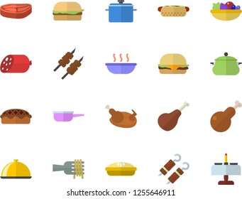 Color flat icon set saucepan flat vector, saute, dish, chop, ham, sausage, spaghetti on a fork, hamburger, hot dog, salad, soup, pie, chicken, shashlik, romantic dinner fector