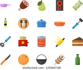 Color flat icon set saucepan flat vector, cauldron, saute, whisk, knives, rolling pin, meat hammer, induction cooker, toaster, table setting, spaghetti, ear, canned food, piece of cake, porridge