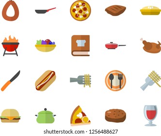 Color flat icon set saucepan flat vector, frying pan, knives, cookbook, barbecue, table setting, sausage, spaghetti on a fork, hamburger, hot dog, pizza, salad, pie, chicken, chop, cutlet, wine