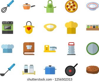 Color flat icon set saucepan flat vector, saute, teflon, cook hat, apron, ladle, whisk, electric stove, cookbook, spice, food processor, sieve, grater, pizza, dish, cutlet