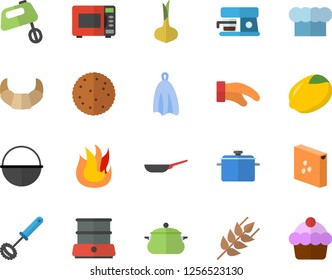 Color flat icon set saucepan flat vector, frying pan, cauldron, cook hat, potholder, whisk, towel, fire, microwave, mixer, double boiler, coffee machine, groats, ear, lemon, onion, biscuit, cake