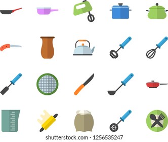 Color flat icon set saucepan flat vector, frying pan, saute, meashuring cup, teapot, ladle, kitchen spatula, spoon, whisk, knives, rolling pin, mixer, flour, sieve, jugful, knife