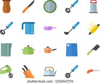Color flat icon set saucepan flat vector, saute, meashuring cup, teapot, ladle, kitchen spoon, whisk, knives, rolling pin, cutting board, mixer, sieve, grater, jugful, knife