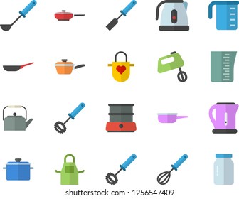 Color flat icon set saucepan flat vector, frying pan, saute, meashuring cup, teapot, electric kettle, apron, ladle, kitchen spatula, whisk, mixer, double boiler, glass jar