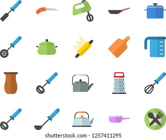 Color flat icon set saucepan flat vector, frying pan, saute, meashuring cup, teapot, ladle, kitchen spatula, spoon, whisk, rolling pin, cutting board, mixer, grater, jugful, knife