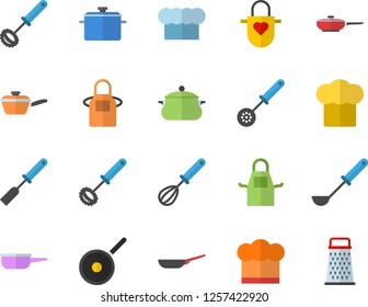 Color flat icon set saucepan flat vector, frying pan, saute, teflon, cook hat, apron, ladle, kitchen spatula, spoon, whisk, grater