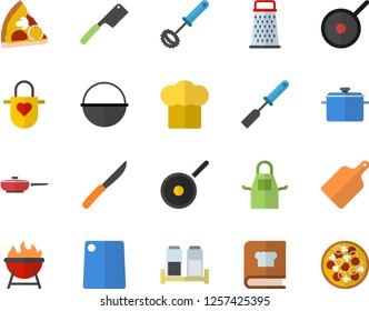 Color flat icon set saucepan flat vector, frying pan, cauldron, teflon, cook hat, apron, kitchen spatula, whisk, knives, cutting board, cookbook, spice, barbecue, grater, pizza