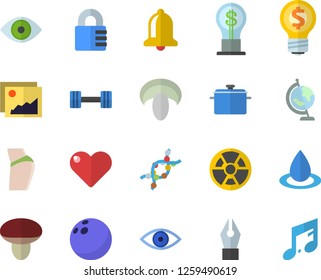 Color Flat Icon Set Saucepan Flat Vector, Mushroom, Radiation, Drop, Idea, Eye, DNA, Ink Pen, Globe, Dumbbell, Bowling Ball, Buttocks, Bell, Gallery, Lock, Heart, Note