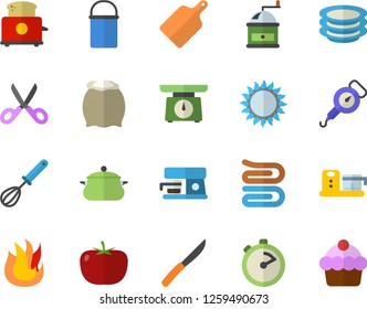 Color flat icon set saucepan flat vector, hiking pot, weighing machine, spring balance, whisk, stopwatch, towel, knives, scissors, cutting board, coffee grinder, fire, gas, toaster, food processor