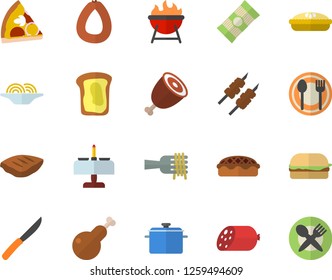 Color flat icon set saucepan flat vector, knives, barbecue, table setting, spaghetti, sausage, on a fork, hamburger, pizza, pie, chicken, ham, chop, shashlik, sandwich, romantic dinner fector