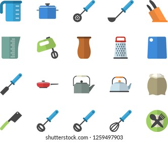 Color flat icon set saucepan flat vector, frying pan, meashuring cup, teapot, ladle, kitchen spatula, spoon, whisk, knives, cutting board, mixer, flour, grater, jugful, table setting fector