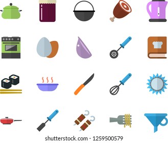 Color flat icon set saucepan flat vector, frying pan, cauldron, electric kettle, kitchen spatula, spoon, whisk, knives, stove, gas, cookbook, egg, spaghetti on a fork, soup, ham, shashlik, garlic