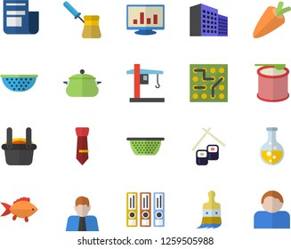 Color flat icon set saucepan flat vector, colander, turk, fish, carrot, rolls, paint brush, chemistry, crane, metallurgy, person, news, computer chart, office building, tie, electronic circuit, user