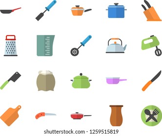 Color flat icon set saucepan flat vector, frying pan, saute, meashuring cup, teapot, kitchen spatula, spoon, knives, cutting board, mixer, flour, grater, jugful, knife, table setting fector