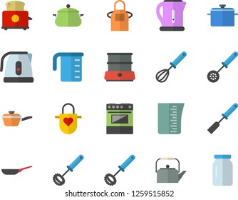 Color flat icon set saucepan flat vector, frying pan, saute, meashuring cup, teapot, electric kettle, apron, kitchen spatula, spoon, whisk, stove, toaster, double boiler, glass jar
