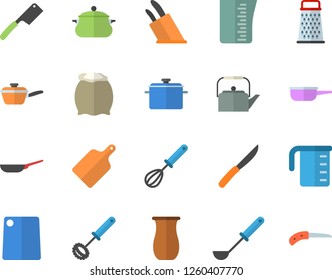 Color flat icon set saucepan flat vector, frying pan, saute, meashuring cup, teapot, ladle, whisk, knives, cutting board, flour, grater, jugful, knife